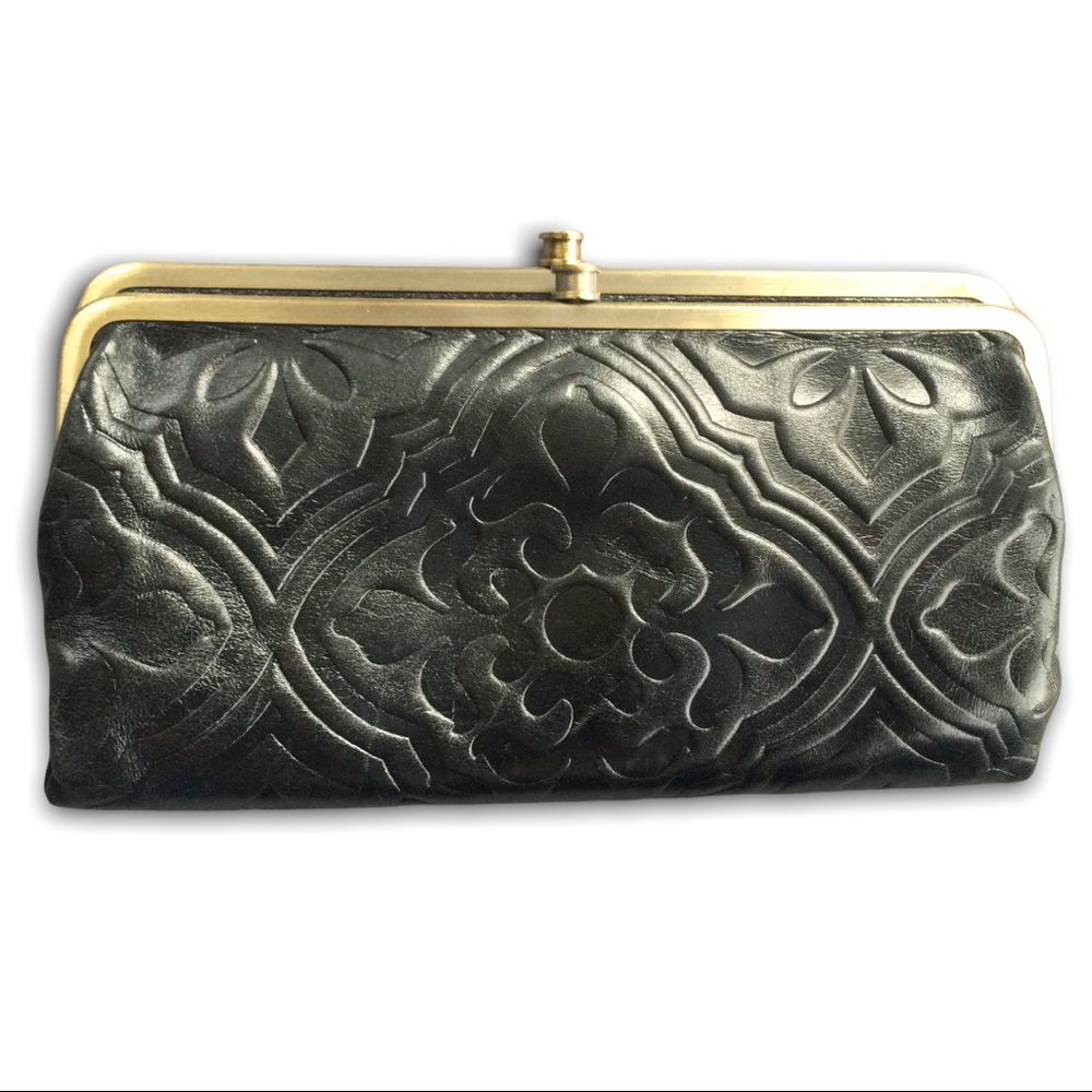 HOBO International Lauren Black Bronze Wallet Clutch Tooled Leather